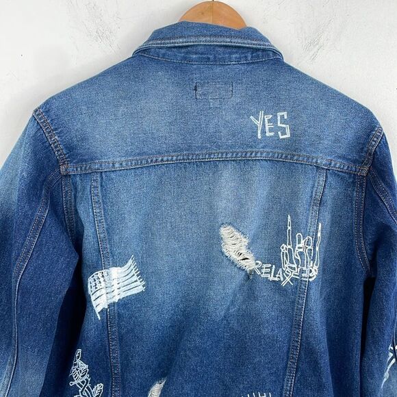 WAIMEA Men's Distressed Graphic Denim Jeans Jacket size Small - Picture 7 of 13
